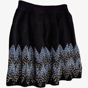 See U Soon, Flare Midi Knit Skirt, Size 6, Black w/ Blue & Silver Embroidery